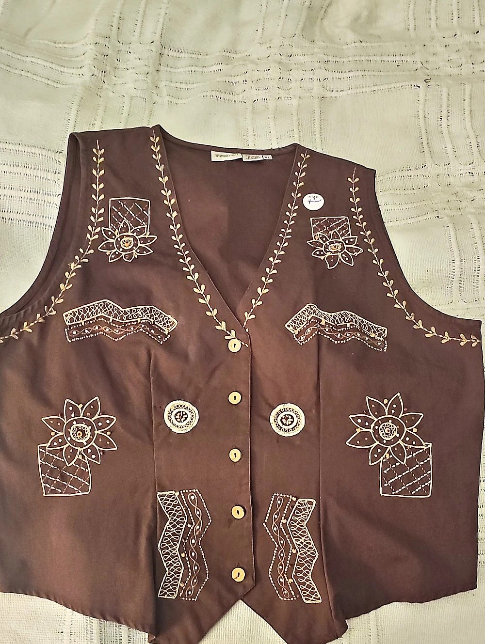 Vintage 80s Vest 100% Cotton Newport News Embroidered Brown Size XL Bohemian
